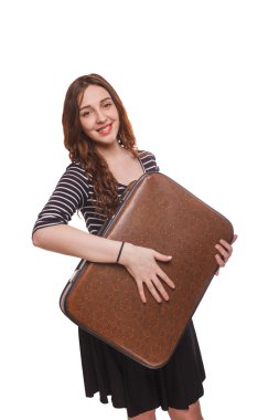 Beyaz arka plan üzerinde izole çanta seyahat kadın