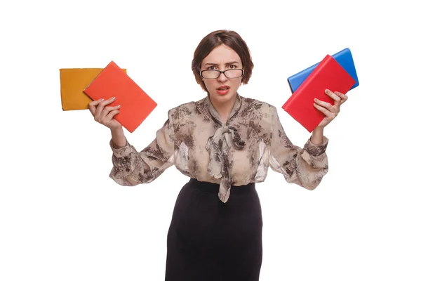Kadın sinirli öğretmen kitapları beyaz arkasında izole gözlük ile — Stok fotoğraf