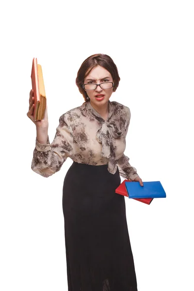 Mujer enojado profesor con libros manos gafas —  Fotos de Stock