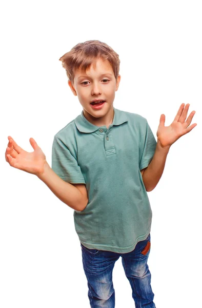 Blond boy opened his arms surprised isolated white background — Stock Photo, Image