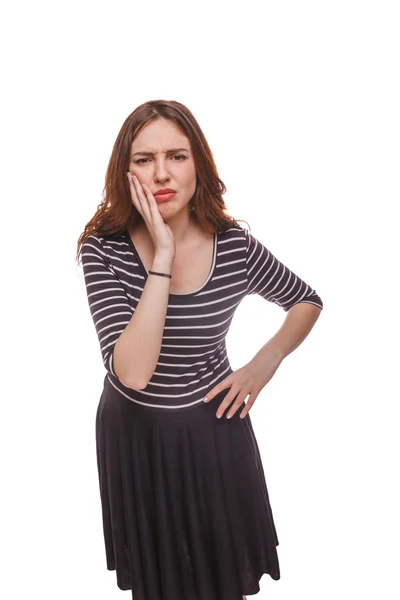 Woman hand on his cheek toothache isolated white background — Stock Photo, Image