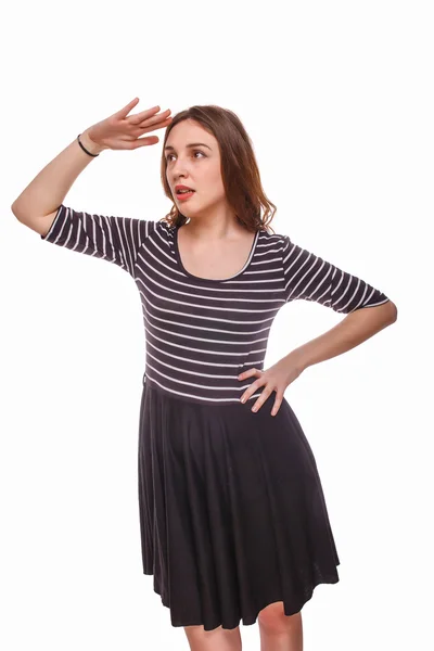 Woman looking into the distance hand isolated on white backgroun — Stock Photo, Image