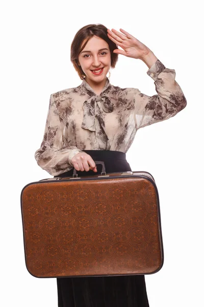 女性は、白い背景で隔離のスーツケースと一緒に旅行 — ストック写真