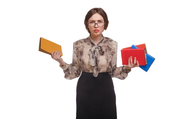 Donna con libri in occhiali insegnante isolato sfondo bianco — Foto Stock