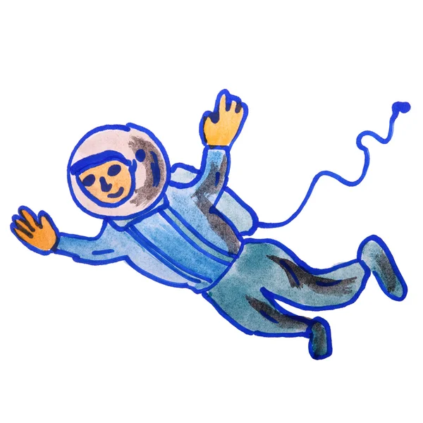 Watercolor astronaut blue drawing cartoon style isolated on a wh — Stock Photo, Image