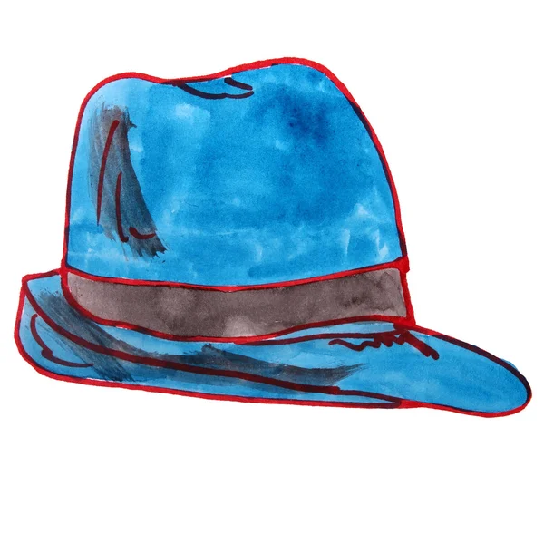 Acuarela azul retro sombrero dibujo dibujos animados estilo aislado en un wh — Foto de Stock