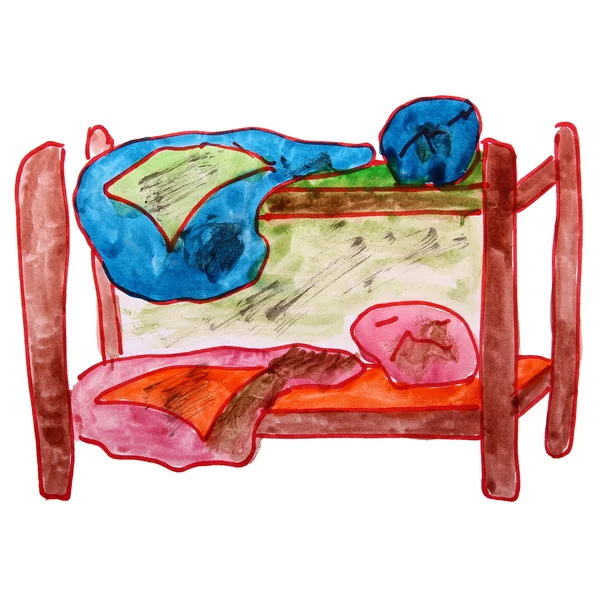Рисование акварелью детская кровать, двухъярусный мультфильм на белом бэкгро — стоковое фото