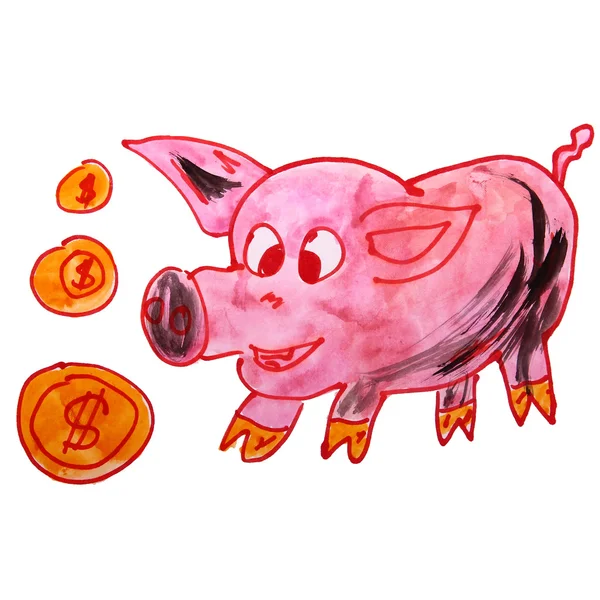Aquarela desenho um crianças desenho animado porquinho banco no branco de volta — Fotografia de Stock