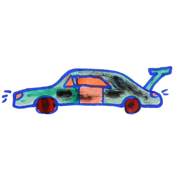 Акварель рисунок детей мультфильм автомобиль на белом фоне — стоковое фото