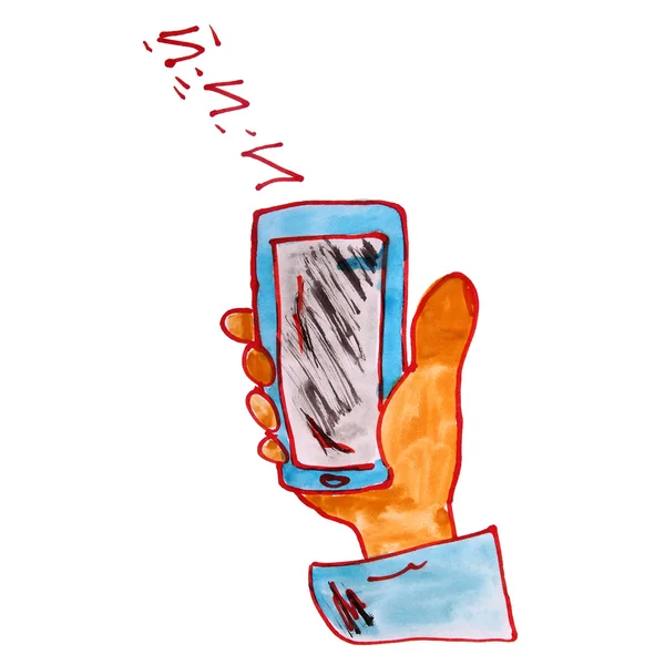 Acuarela teléfono inteligente toque de la mano sostiene dibujo estilo de dibujos animados es — Foto de Stock