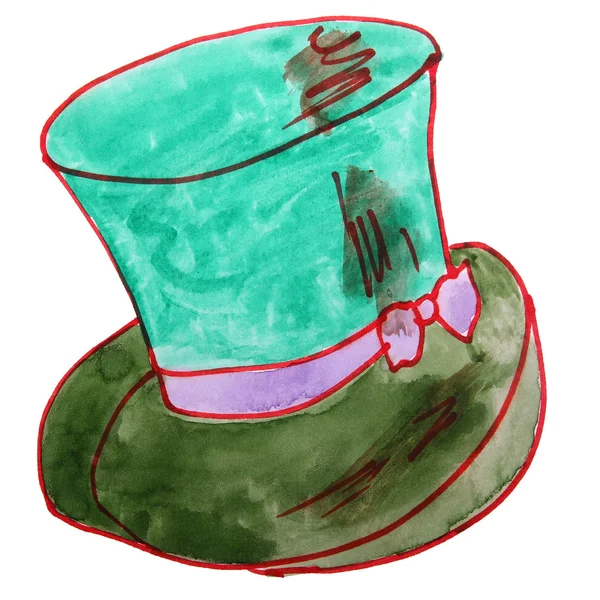 Рисунок детской шляпы акварелью, зеленый мультик на белой спине — стоковое фото