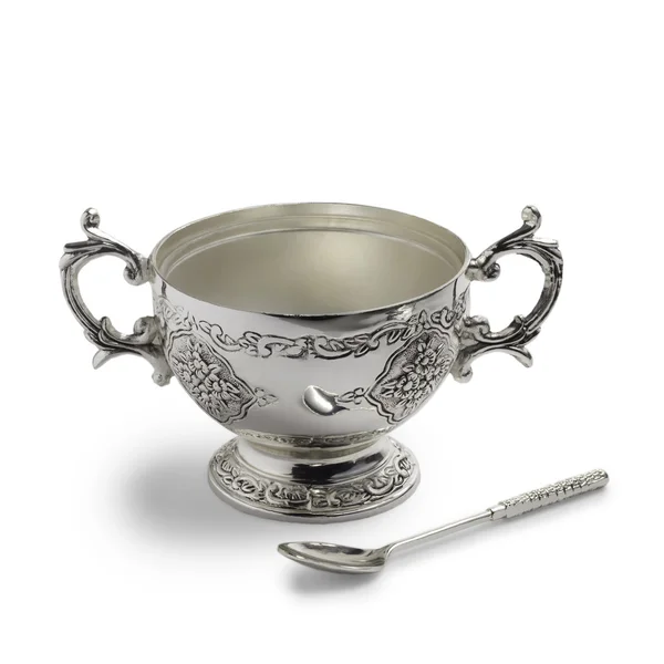 Antique tasse en argent et cuillère avec une ombre portée — Photo