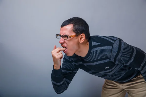 European-looking male of about thirty brunet causes vomiting fin — Stock Photo, Image