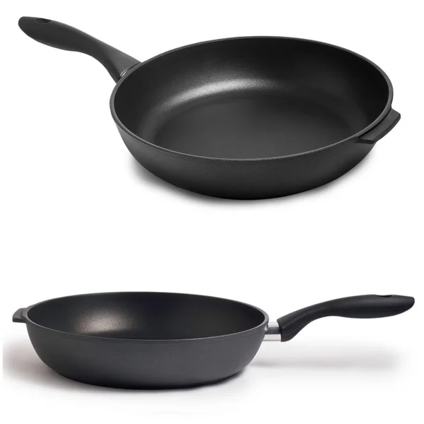 Набор черная сковородка для кухни на белом фоне — стоковое фото