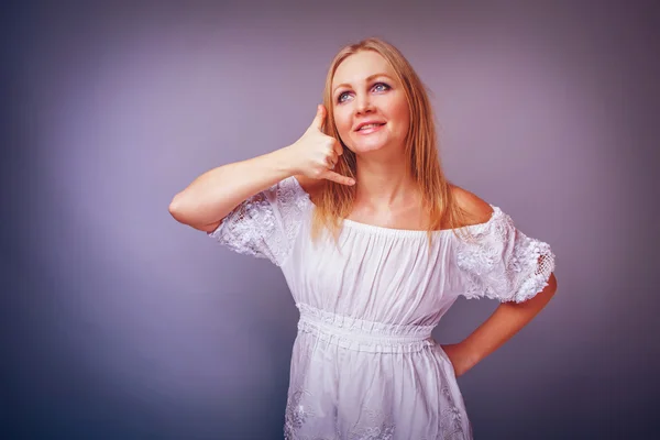 European-looking woman of thirty years gesture hand phone, talki — Stock Photo, Image