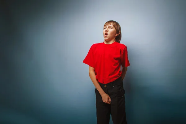 Boy teenager European appearance in a red shirt holding his hand — Stock Photo, Image