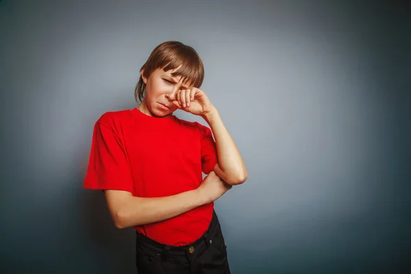 Ragazzo europeo di dieci anni che piange, asciuga lacrime, si fa male — Foto Stock