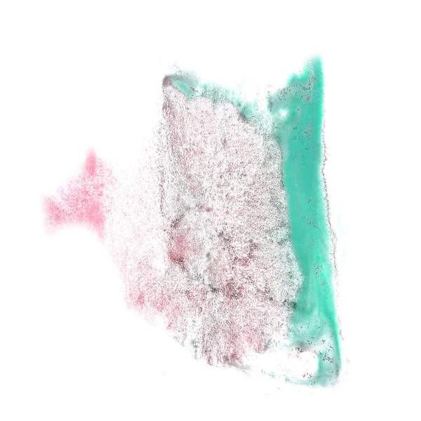 Μελάνι λεκές πράσινο, ροζ φόντο πιτσιλίσματα απομονώνονται σε λευκό χέρι — Φωτογραφία Αρχείου