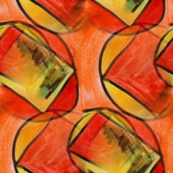Manchas círculos de acuarela y triángulos rojos rayas pintura costura — Foto de Stock