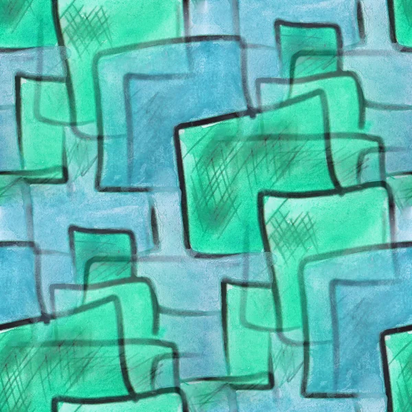 Пятна акварелью зеленые квадраты на синем фоне картина море — стоковое фото
