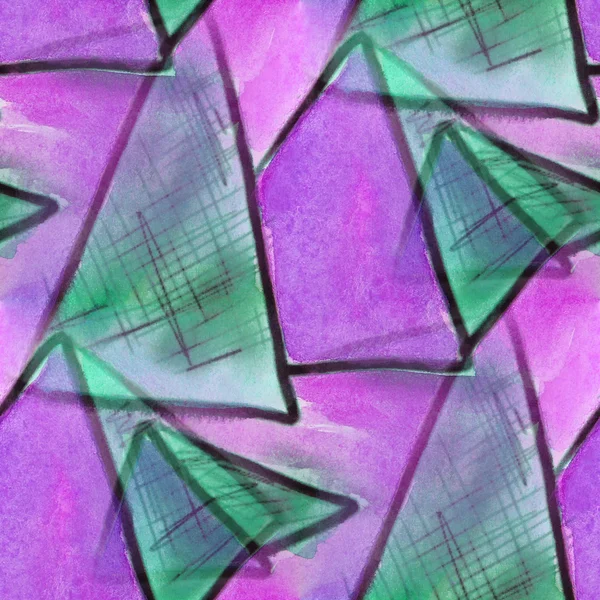 Blots purple and green triangles watercolor painting seamless ba — Stock Photo, Image