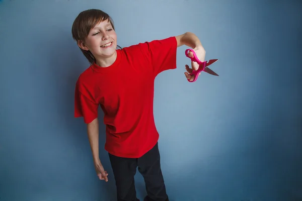 Boy, teenager twelve years in the red shirt red is holding of pa — Stock Photo, Image