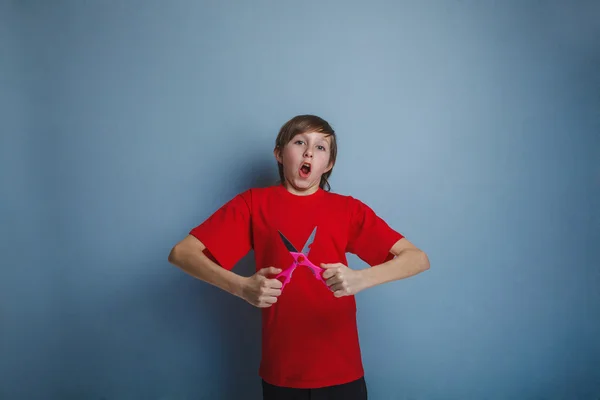 Chlapče teenager, dvanáct let v červené košili drží dvojice — Stock fotografie