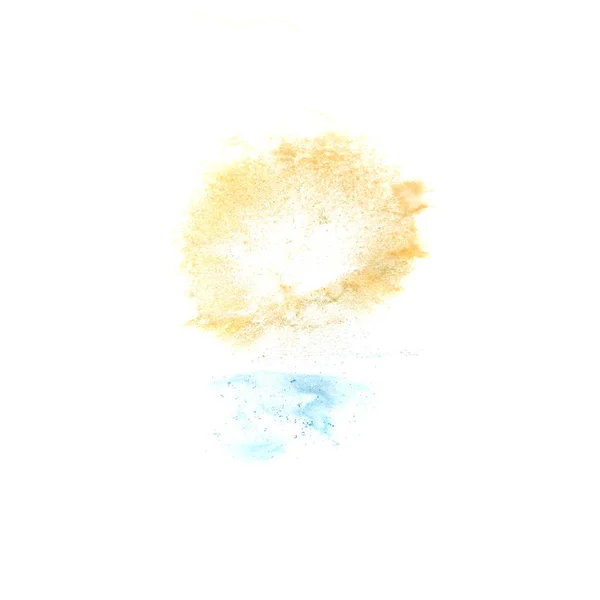 Ink blå, gula blot splatter bakgrund isolerad på vita hand — Stockfoto