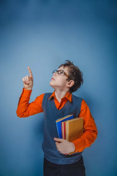 Niño de aspecto europeo de diez años en gafas con un libro mostrando —  Fotos de Stock