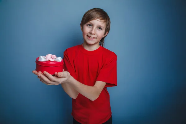 European-looking boy of ten  years holding  a gift box  on a gra — Stock Photo, Image