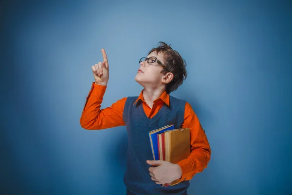 Ragazzo adolescente con libri di aspetto europeo con occhiali rais — Foto Stock