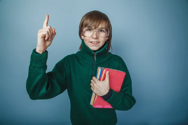 Teenager boy brown hair European appearance in green sweater wit — Stock Photo, Image