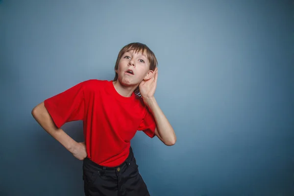 Boy, teenager, twelve  old years , in a red shirt, holding — Stock Photo, Image