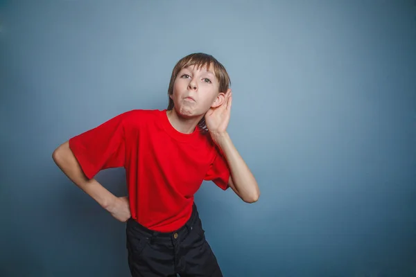 Junge, Teenager, zwölf Jahre alt, im roten Hemd, Händchen haltend — Stockfoto