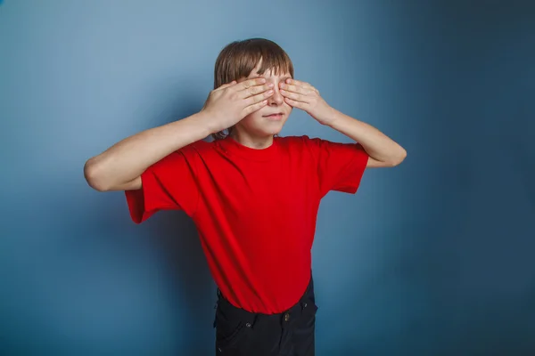 Menino em vermelho t-shirt adolescente cabelo castanho europeu aparência olhos — Fotografia de Stock