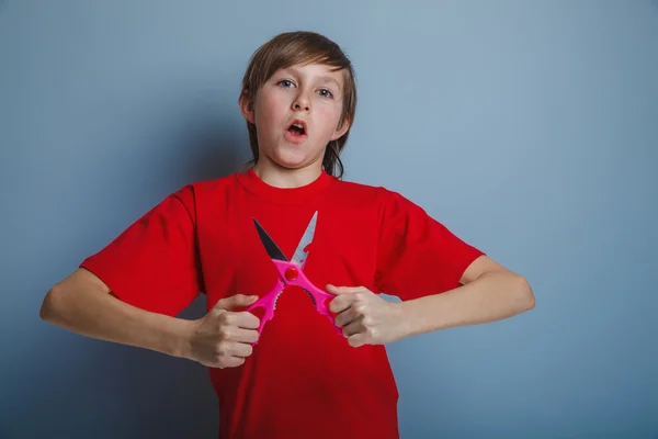 Ragazzo adolescente aspetto europeo in una camicia rossa in possesso di un marrone — Foto Stock