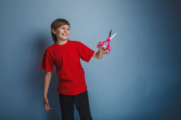 Boy teenager European appearance in a red shirt holding a brown — Stock Photo, Image