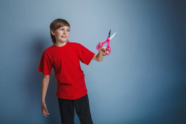 Boy teenager European appearance in a red shirt holding a brown — Stock Photo, Image