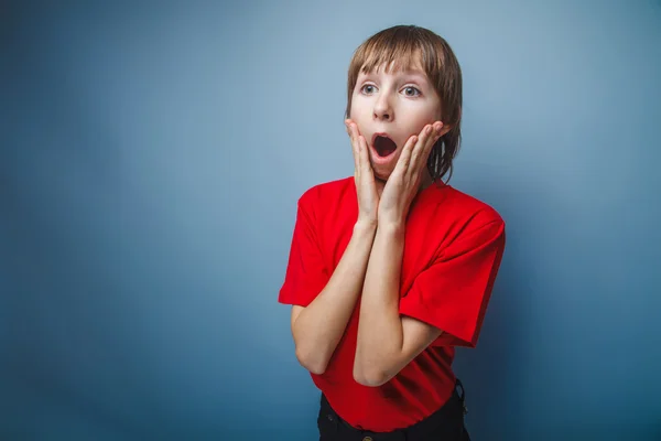 Teenager Junge in rotem T-Shirt europäisches Aussehen braune Haare offen — Stockfoto