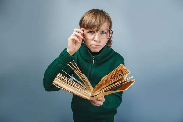 Ragazzo europeo di dieci anni con gli occhiali che legge un libro su — Foto Stock