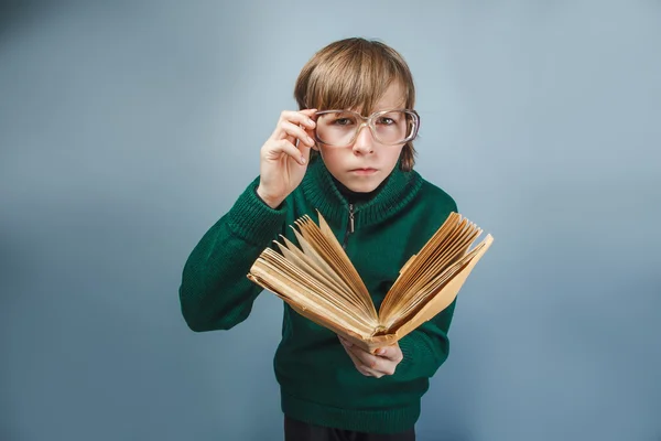 Ragazzo europeo di dieci anni con gli occhiali che legge un libro su — Foto Stock