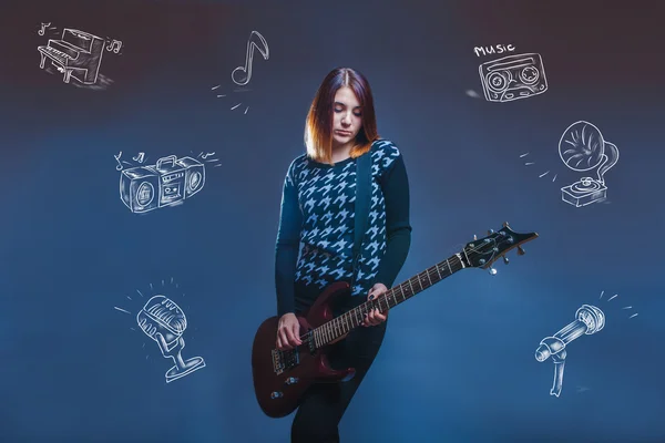 European view of a girl playing a cassette tape infographics pia — Stock Photo, Image