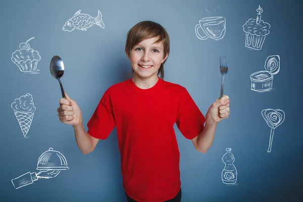 Teenager boy with a spoon and fork infographics lot of food coll — Stock Photo, Image