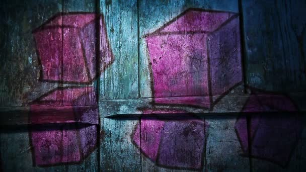 Видеодвижение граффити квадрат, авангард, кубический орнамент ночной свет движется вдоль стены абстрактный фон hd 1920x1080 — стоковое видео