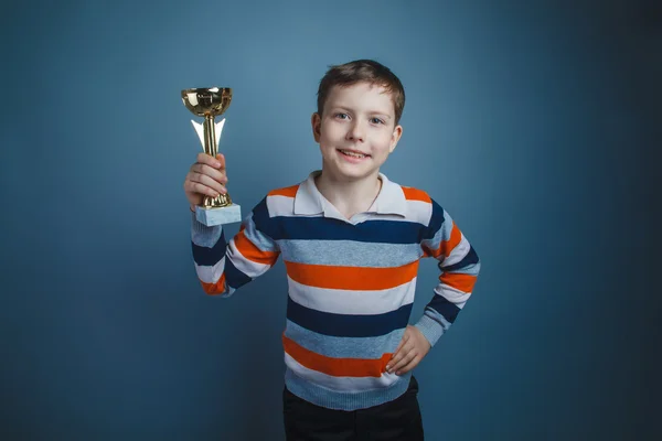 Adolescente chico de alrededor de diez europeo apariencia marrón pelo celebración —  Fotos de Stock