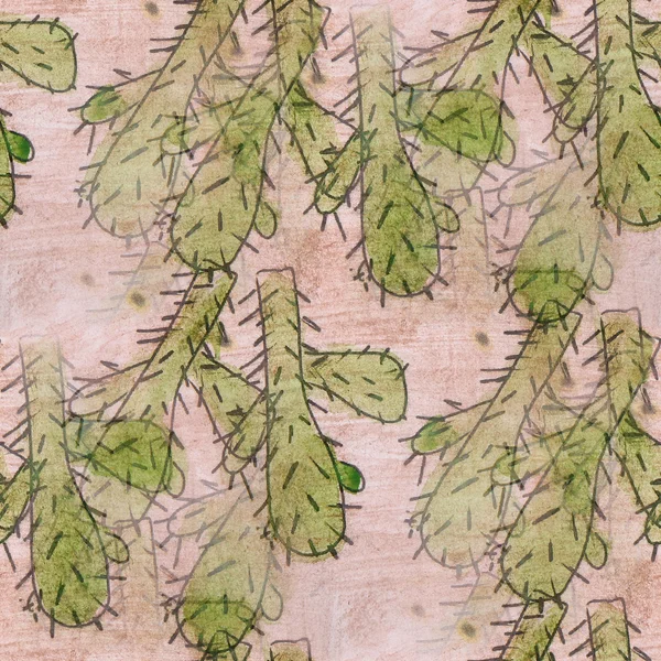 无缝纹理绿色仙人掌水彩花卉壁纸 — 图库照片