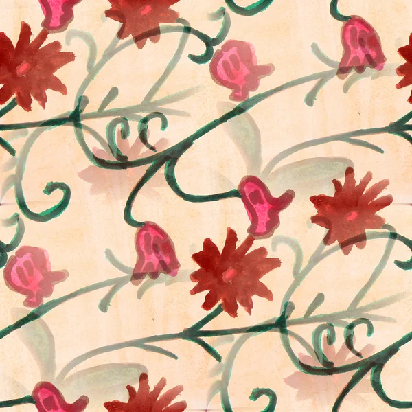 Textura sin costuras rosa, hojas rojas acuarela flores papel pintado —  Fotos de Stock