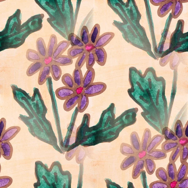 Textură fără sudură violet, frunze galbene acuarelă flori tapet — Fotografie, imagine de stoc