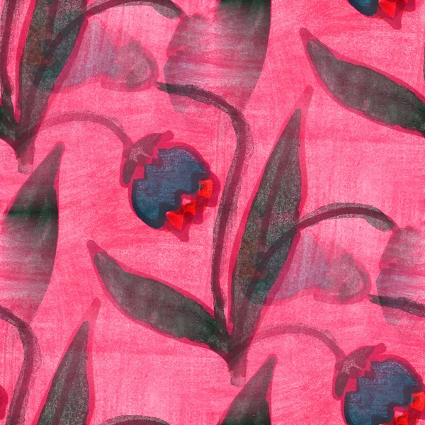Textura sin costuras rojo, hojas azules acuarela flores papel pintado —  Fotos de Stock