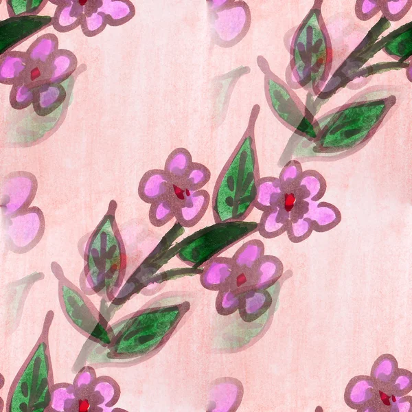 Textura sem costura vermelho, folhas verdes aquarela flores papel de parede — Fotografia de Stock